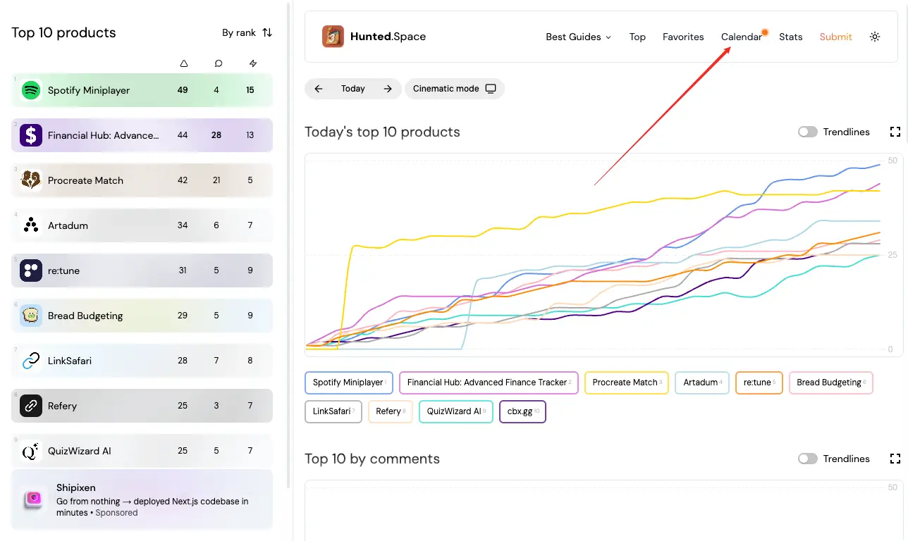 Screenshot showing how to open hunted space (product hunt calendar)